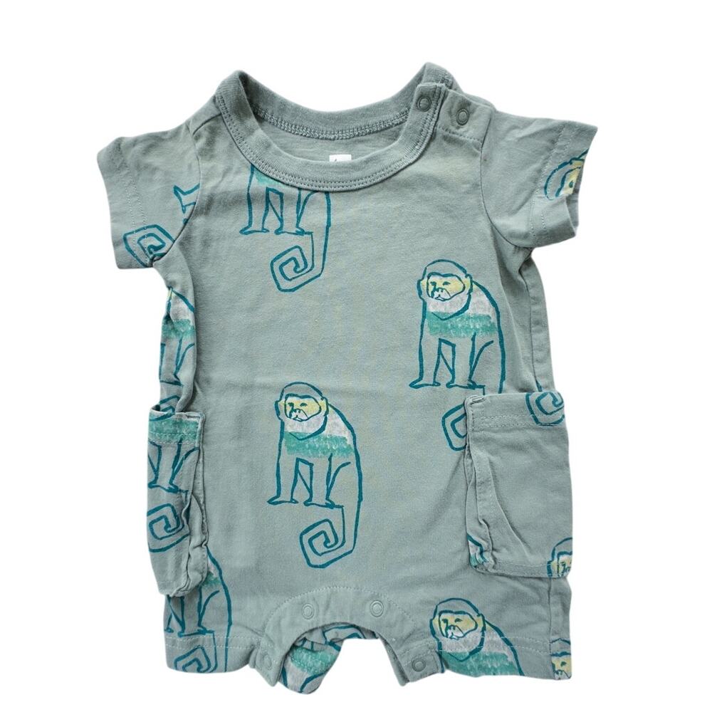 Tea Collection Green Monkey Pocket Romper EUC 0-3mo